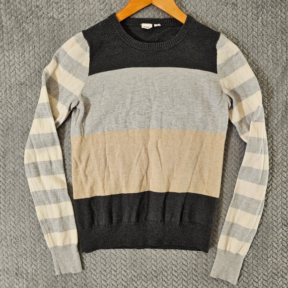 GAP Womens Colorblock Striped Crewneck Sweater Grey Tan Charcoal Long Sleeve S - Picture 2 of 6